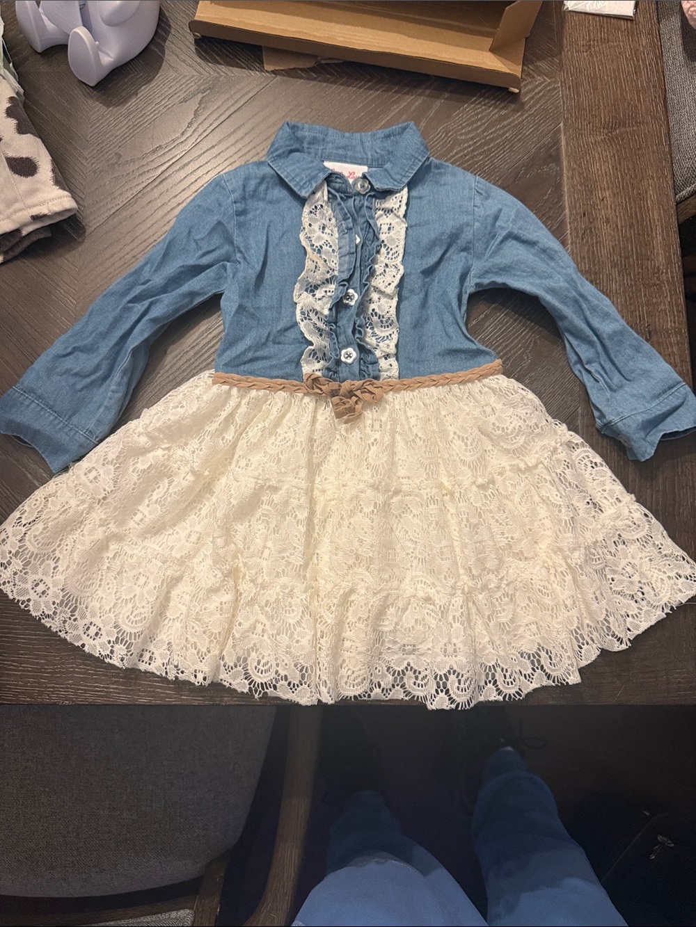 Little Lass Light Blue Girls Jeans-Style Top with White Lace Trim